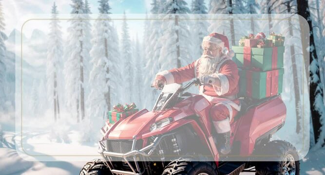 Santa on an ATV in the middle of a snowy forest Video screensaver for motivational text, description or title. Santa delivering presents on an ATV. Christmas futage for greeting cards, corporate video