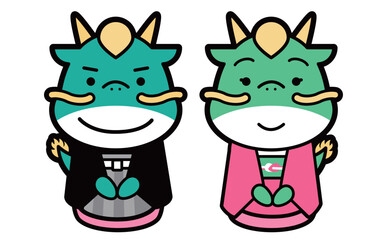 2024 辰年の年賀状や正月に使える着物を着た龍の家族・男女のかわいいイラスト