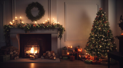 A Christmas-inspired fireplace interior living room. Generative AI