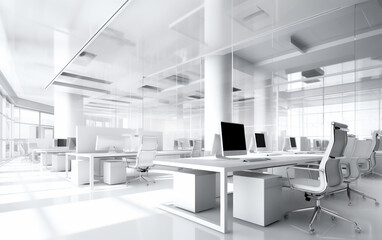 White table office interior with large windows, white walls and a black floor and rows of computer desks. Generative AI.
