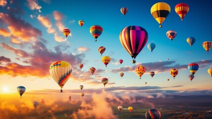 A sky filled with colorful hot air balloons, each floating at different altitudes, creating a mosaic of hues.