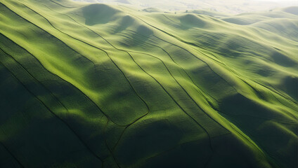 geometric abstract forms of green meadows, rolling hills, beautiful landscape