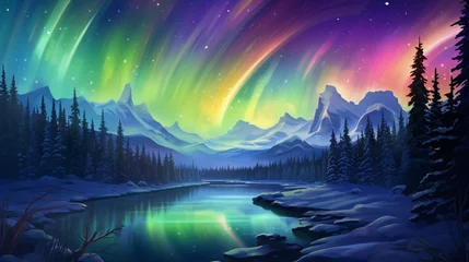 Foto auf Acrylglas Nordlichter A sky painted with the colors of the aurora borealis, vibrant greens and purples dancing ethereally.