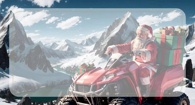 Santa on an ATV among the high mountains. Video screensaver with white area for motivational text, description or title. Cute Santa delivering presents on an ATV. Christmas futage for greeting cards