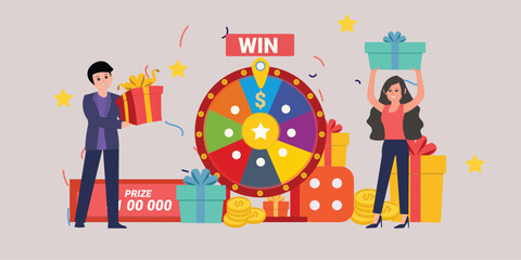 Fortune wheel with people. Man and woman spinning roulette wheel. Risk game and casino lottery vector concept. Illustration of winner people woman and man in casino , Win the contest