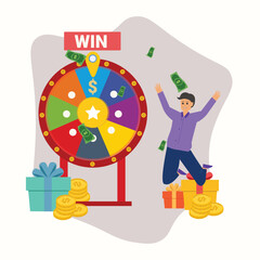 Fortune wheel with young boy , man spinning roulette wheel. Risk game and casino lottery vector concept. Illustration of winner people , man in casino , Win the contest