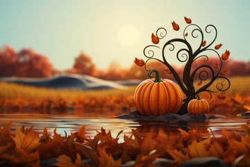 Fotobehang Pumpkin logo on a fall background seasonal branding © Yuchen Dong