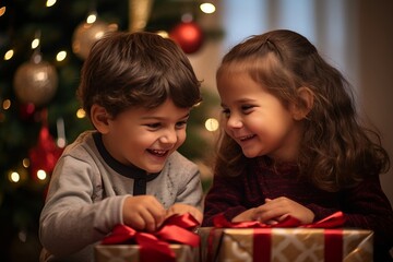 Fototapeta na wymiar Kindliche Vorfreude: Zwei Kinder vor einem Weihnachtsgeschenk