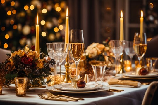  Festlich gedeckter Weihnachtstisch mit Kerzen, Gl&auml;sern und Lichterkette &ndash; gem&uuml;tliche Weihnachtsfeier