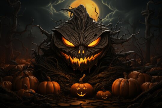 Halloween background. Spooky pumpkin with bats. digital art style, illustration painting