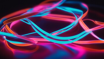 Vibrant abstract design with blue and pink ribbons glowing against a black background, intertwined in a complex, glowing pattern that gives the impression of movement and energy.