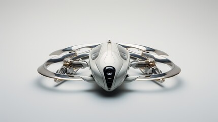A sleek futuristic drone, its propellers in motion, hovering against a neutral white backdrop.