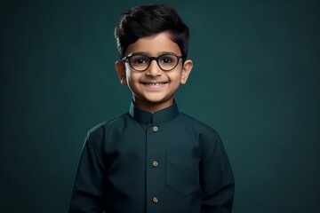 Cute indian little boy in eyeglasses over dark background - obrazy, fototapety, plakaty