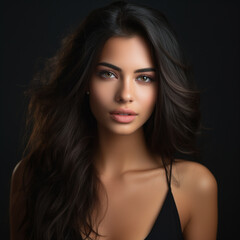 Obraz premium Beautiful young woman with eyelash extensions on dark background, ai technology