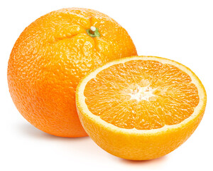 Fresh organic orange with leaves isolated on white background