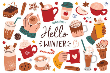 Cozy winter collection, hot drinks for cold weather, Christmas mood mugs, hand drawn set of latte and desserts, hands with cups, vector illustrations of drinks with cinnamon, hello winter lettering