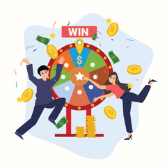 Fortune wheel with people. Man and woman spinning roulette wheel. Risk game and casino lottery vector concept. Illustration of winner people woman and man in casino , Win the contest