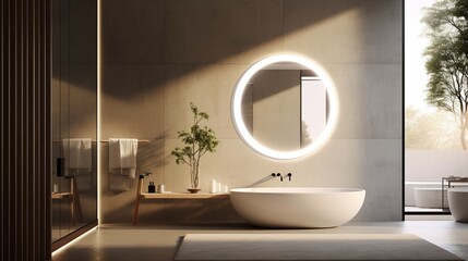 A sleek, round bathroom mirror with a built-in LED ring, illuminating its surroundings, set on a spotless white tableau. - obrazy, fototapety, plakaty