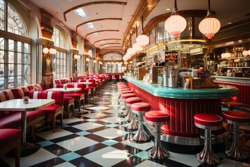 cafe design in retro style in pastel colors, with neon sign, tables and sofas