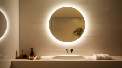 A sleek, round bathroom mirror with a built-in LED ring, illuminating its surroundings, set on a spotless white tableau. - obrazy, fototapety, plakaty