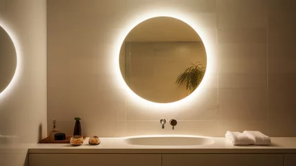 Deurstickers A sleek, round bathroom mirror with a built-in LED ring, illuminating its surroundings, set on a spotless white tableau. © Ahmad