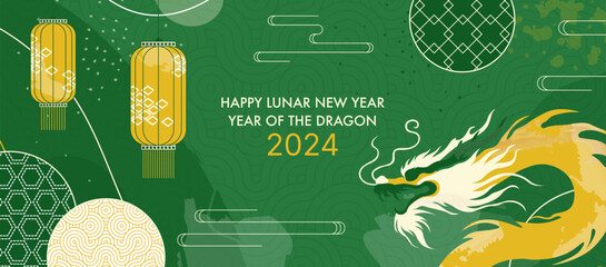 Lunar New Year 2024 Green Dragon Banner. Festive Chinese Celebration Design with Traditional Lanterns and Oriental Decorations. - obrazy, fototapety, plakaty