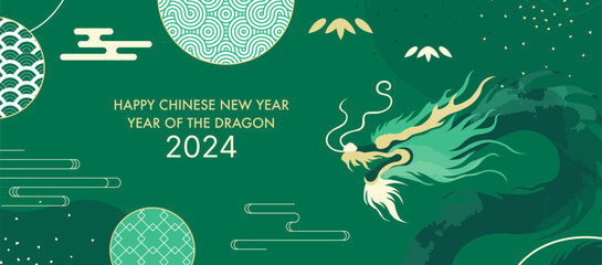 2024 Year of the Wood Green Dragon. Chinese New Year Celebration Banner Design. Traditional, Festive, and Artistic Lunar Year Illustration Diagonal Template for Greeting Cards and Events - obrazy, fototapety, plakaty
