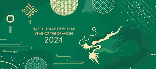 Chinese Lunar New Year 2024 Elegant Dragon Design with Festive Green and Gold Patterns. Modern Chinese Zodiac Art for Celebrations and Greetings.  - obrazy, fototapety, plakaty