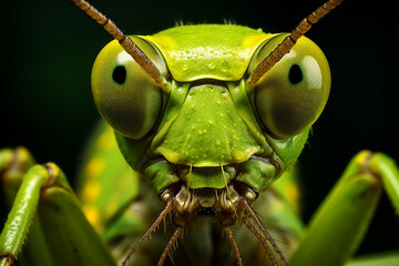 Close-up shot of green grasshopper, praying mantis, insect.
