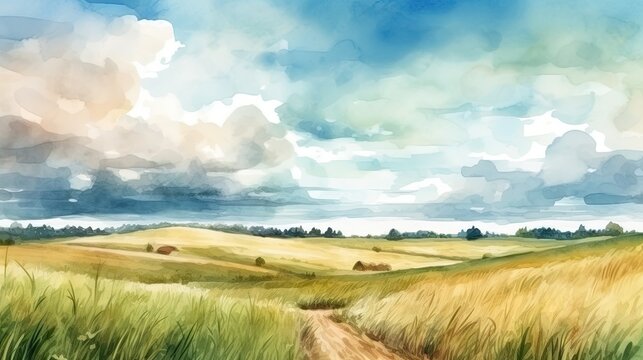 Landscape with meadow, road and clouds. Digital painting
