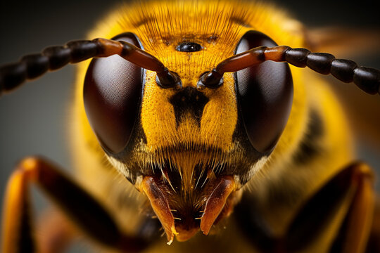 A close-up image of a bee with the head of the bee clearly visible.