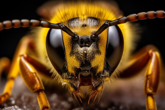 A close-up image of a bee with the head of the bee clearly visible.