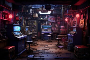 Obraz na płótnie Canvas Cyberpunk Interior shop with illumination and atmospheric lighting in adrak and gritty 3d scene