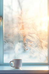 White porcelain cup with puffs of light steaming coffee stands on windowsill against of large...