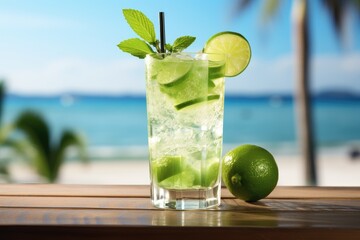 Illustration of a Lime Juice Drink on a Tropical Beach Oasis