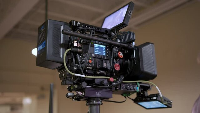 Close up of Professional digital cinema camera with set of steadicam in studio background. Naperville IL. USA. 29 May 2023