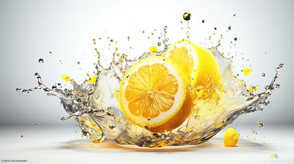 Lemons and lemons splashing into a clear water.