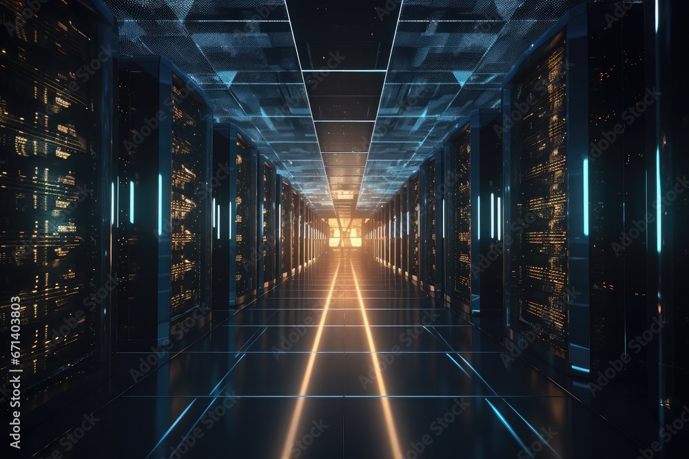 Aufkleber digital cloud storage server farm, rows of powerful servers with blinking lights, cables organized, 