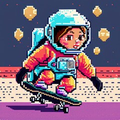 astronaut skate boarding in space, pixel art