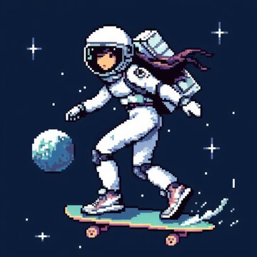 astronaut skate boarding in space, pixel art