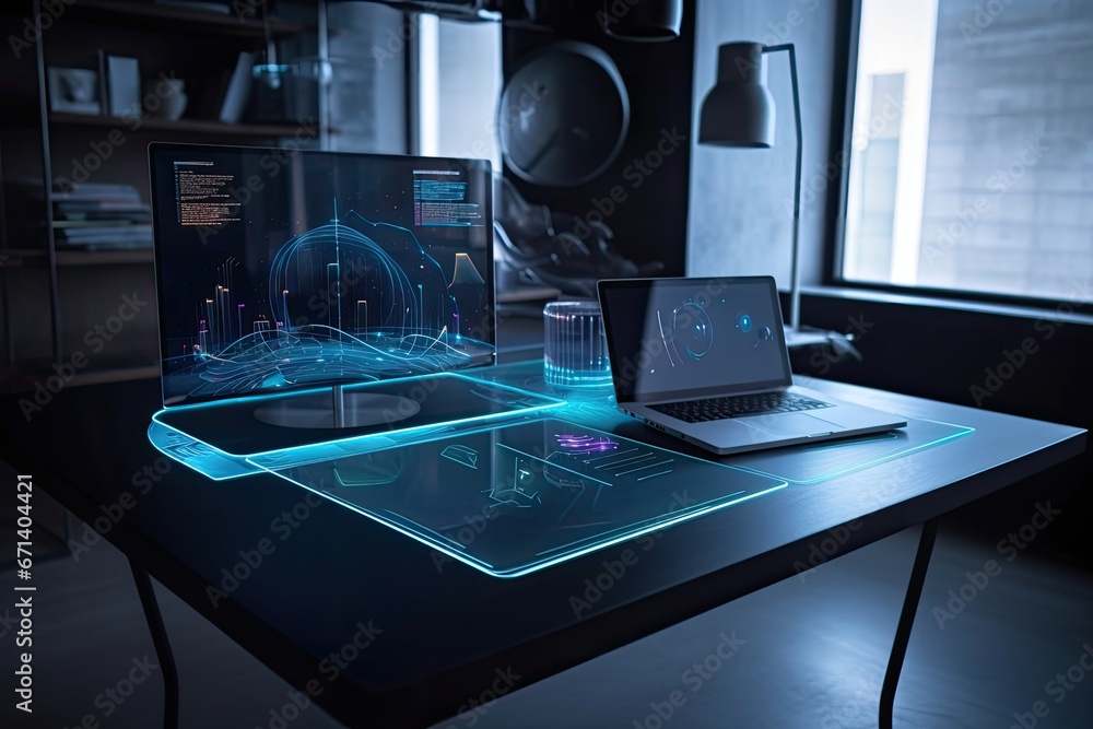 Fototapete office desk with a holographic laptop, data and graphs displayed, technology workspace hologram usin