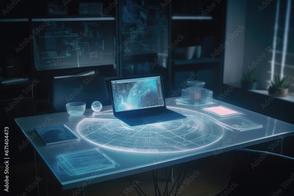 Leinwandbilder office desk with a holographic laptop, data and graphs displayed, technology workspace hologram usin