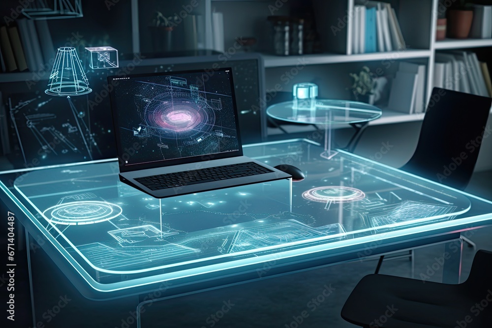 Aufkleber Office desk with a holographic laptop, data and graphs displayed, technology workspace Hologram using futuristic AR tech