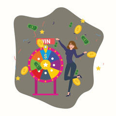 Fortune wheel with young girl , woman spinning roulette wheel. Risk game and casino lottery vector concept. Illustration of winner people , woman in casino , Win the contest