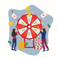 Fortune wheel with people. Man and woman spinning roulette wheel. Risk game and casino lottery vector concept. Illustration of winner people woman and man in casino , Win the contest