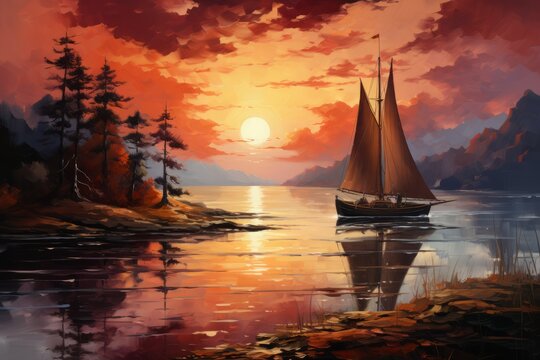 Sunset with cliff and sailboat, oil on canvas