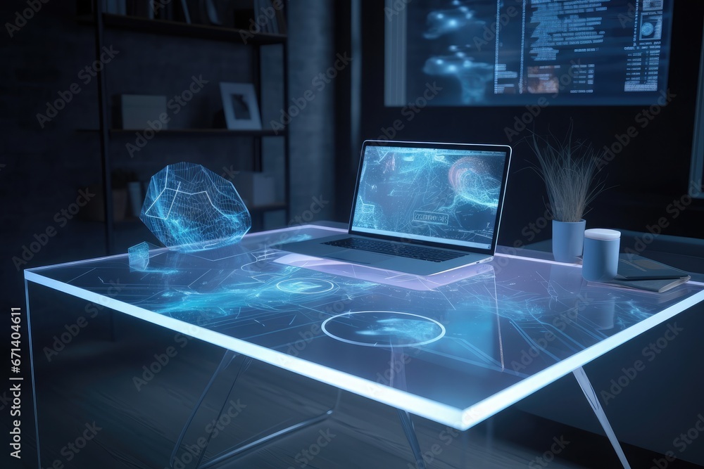 Leinwandbilder office desk with a holographic laptop, data and graphs displayed, technology workspace hologram usin