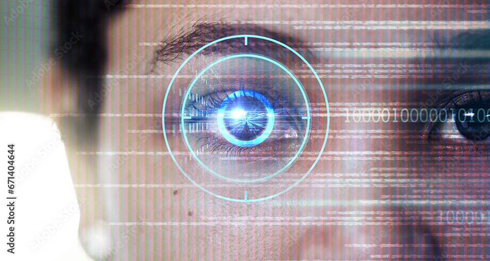 Poster biometric, digital and cyber security with eye scan of woman for identity, verification or facial re
