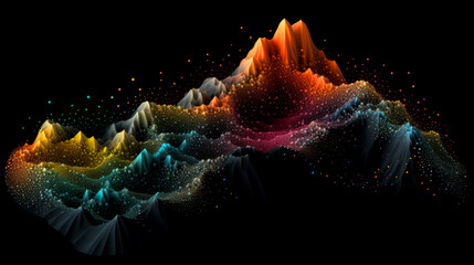 Colorful digital facet or particles, in the shape of sound waves or mountain, on black background - obrazy, fototapety, plakaty