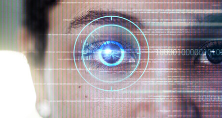 Biometric, digital and cyber security with eye scan of woman for identity, verification or facial...